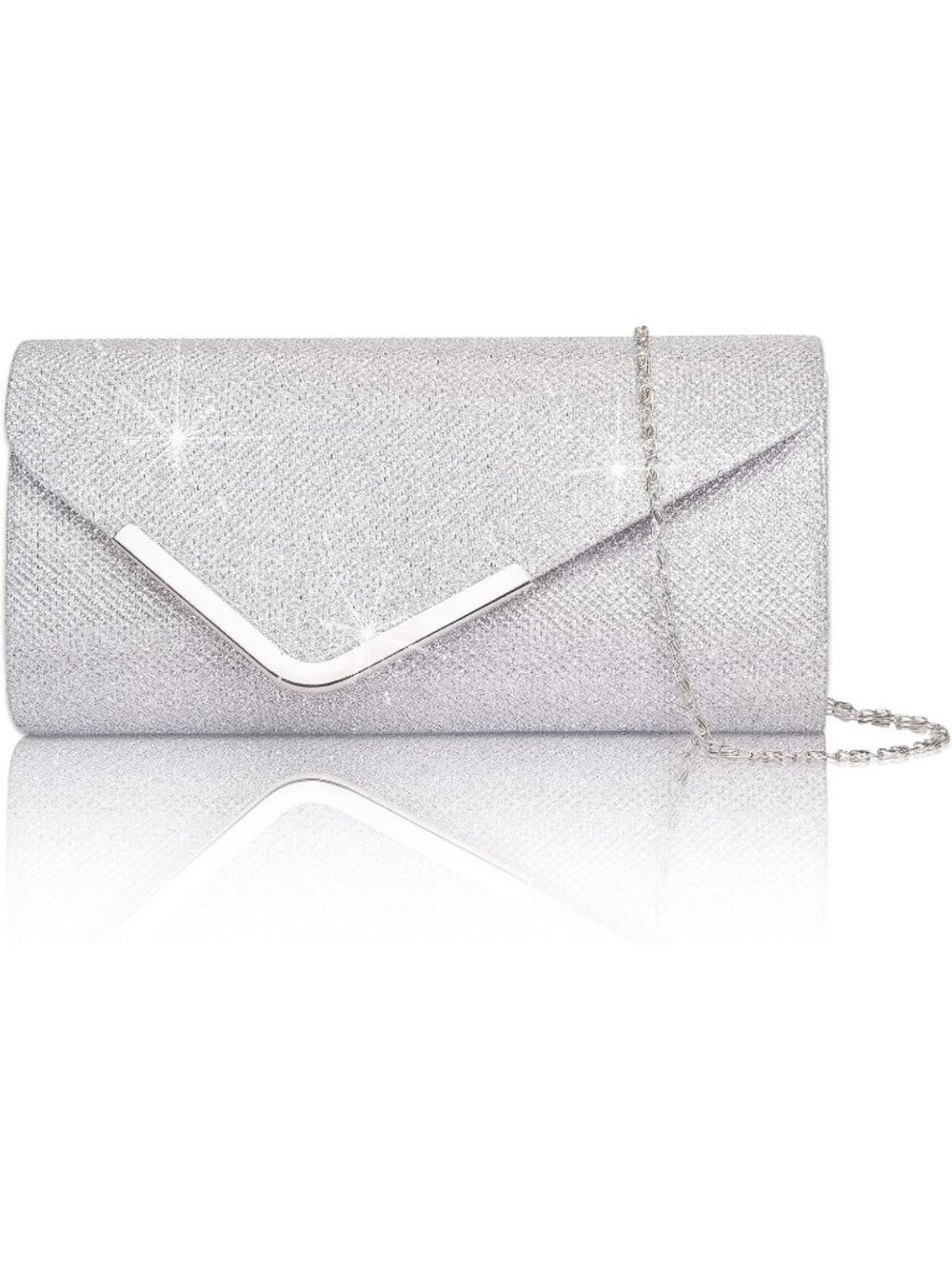 〽️Women Silver Floral Lace Clutch Evening Shiny SequinParty Prom Chain Purse